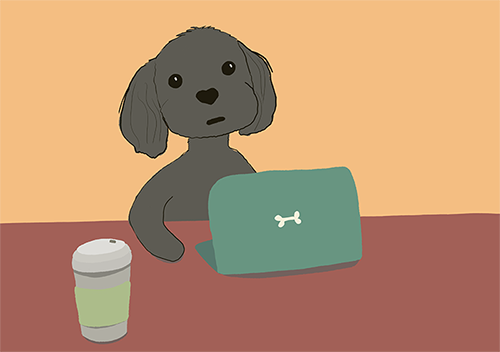 illustration of gray Shih Tzu dog using a laptop with a to-go coffee cup